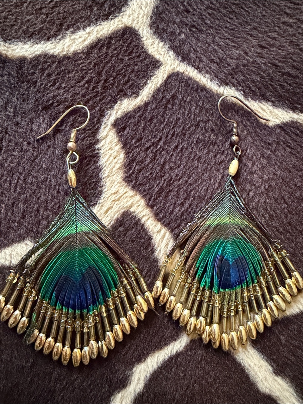 Gorgeous Vintage Peacock Feather and Hand Beaded Earrings